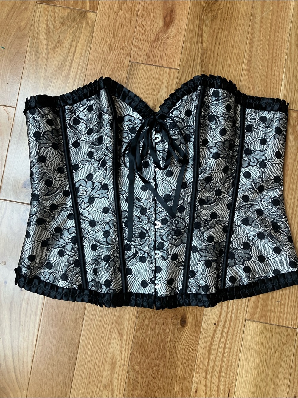 Black Floral Lace polkadot Silver Satin Corset Bustier 6X